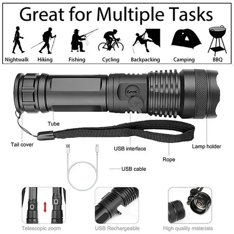 High Power XHP70 Led Flashligh - Tactical Flashlight Rechargeable recension och pris